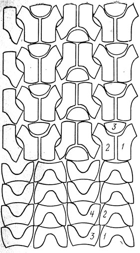 Рис. II.39. Схема раскроя многослойного настила ткани на детали мужских полуботинок при совмещении союзок с союзками и берцев с носками