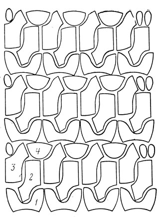 Рис. II.40. Схема раскроя многослойного настила ткани на детали мужских полуботинок при совмещении союзок с берцами и берцев с носками