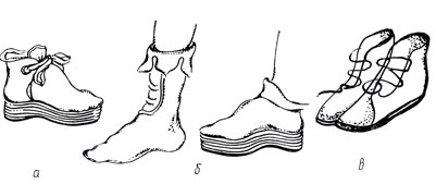 Рис. 27. Древнегреческие котурны (а), карбатины (б), легкие ботинки (в)