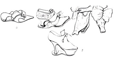 Рис. 62.  Патина (а) и туфли с привязанными патинами (б) (XVIII в.)