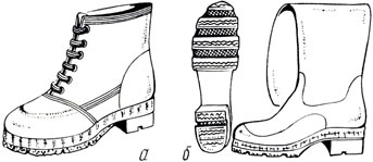 Рис. 179. Ботинки для рыбаков (а) и сапоги для рабочих горячих цехов (б)